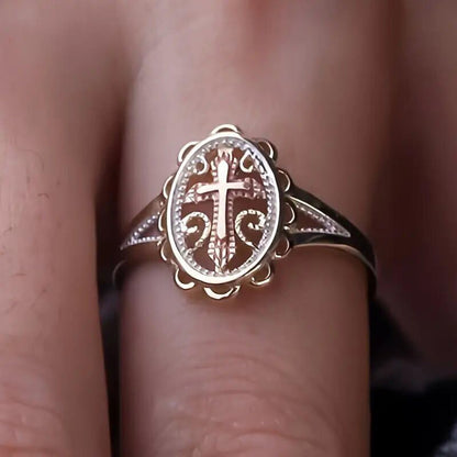 Two-Tone 925 Sterling Silver Plated Cross Statement Rings for Women Men,Victorian Religious Style Signet Oval Shape Cross Ring for Women's Jewelry Gifts Size 8# - size: 8#