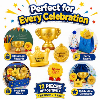 12 Pack Squishy Toys Bulk, Slow Rising Trophy Medal Crown Ribbon Squeeze Toys,Prize Box Toys, Classroom Prizes, Teacher Rewards, Party Favors, Goodie Bag Stuffers