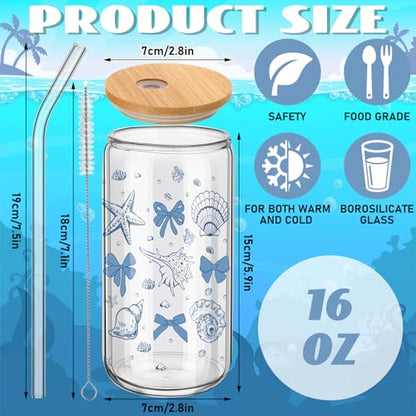 Teenyyou 12 Set of Shell Glasses with Bamboo Lid and Glass Straw 16 oz Summer Drinking Cup Beer Iced Coffee Cup Tumbler Mugs for Teacher's Day Gift Holiday Party Office - style: Shell