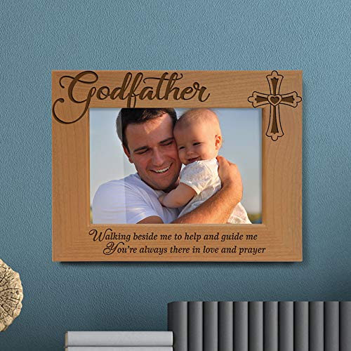KATE POSH - Godfather Engraved Natural Wood Picture Frame, Cross Decor, Baptism & Thank You Gift (4" x 6" Horizontal) - size: 4x6 Horizontal (Godfather)
