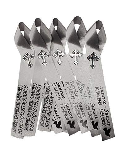 Personalized Memorial Service Funeral Ribbon Pins 20 Cross Religious Celebration of Life Custom Made Awareness Remembrance Anniversary Death Cross Sympathy Name Angel - color: Gray