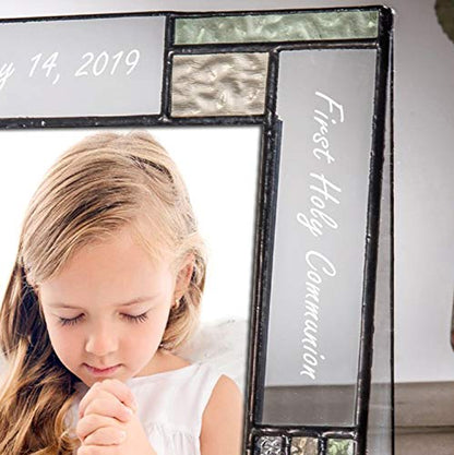 First Communion Gifts Personalized Picture Frame Custom Engraved Glass 4x6 Vertical Photo Green And Antique Yellow J Devlin Pic 430-46V EP620