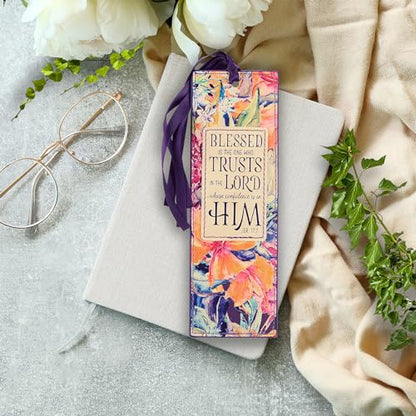 Christian Art Gifts Faux Leather Floral Bookmark: Blessed is The One - color: Purple - Blessed/Trust Lord