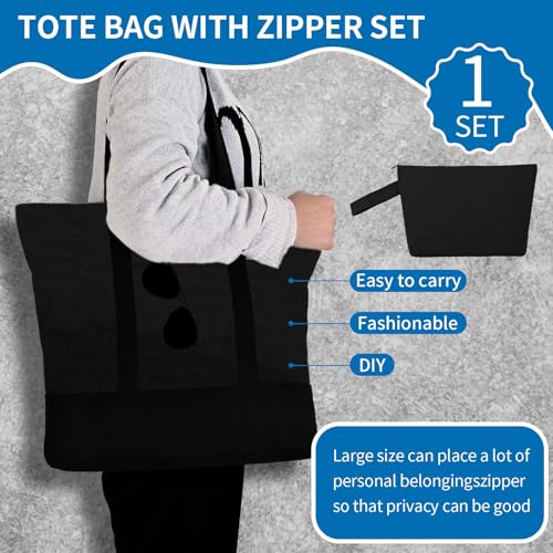 2-Pack Canvas Tote Bags and Makeup Bags, Cotton Zipper Bag, All Black - color: All Black