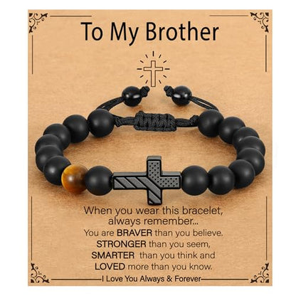 P. BLAKE Cross Bracelet for Boys Men, American Flag Cross Natural Beads Bracelet Christian Religious Birthday Jewelry Gifts for Teen Boys - style: To My Brother