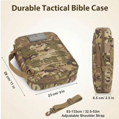 Tactical Bible Cover for Men, Large Bible Case with Shoulder Strap & US Flag Patch, Water Resistant Bible Carrier Bag with Handle, Multi Pockets for Church Study & Travel （Camo） - color: Camo