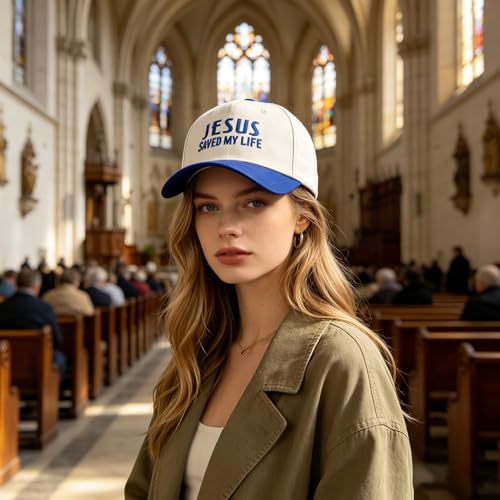 Embroidered Christian Two-Tone Baseball Cap for Men & Women, Adjustable Dad Hat Christmas Easter Gift - color: Jesus Saved My Life, Navy Blue/Beige