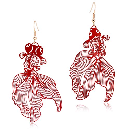 Unique Chic Lightweight Hollow Fish Dangle Drop Hook Earrings Charm Pink Red Asymmetry Goldfish Dangle Earrings For Women Girls Statement Jewelry Gifts - color: Red