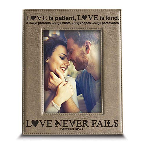 BELLA BUSTA -Love Never Fails-1 Corinthians (bible verse)-Anniversary for her,Him-Valentines Day- Engraved Leather Picture Frame (4 x 6 Vertical) - size: 4 x 6 Vertical