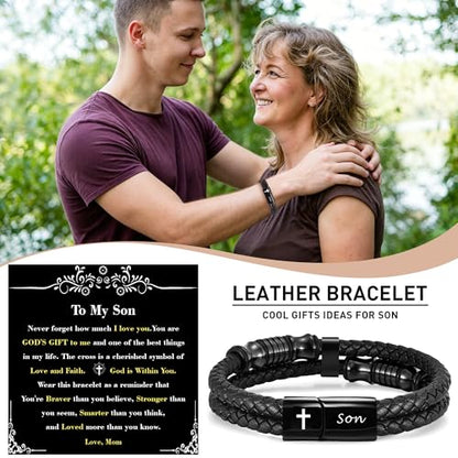 Christian Gifts for Mens Jewelry Black Double Layer Leather Cross Bible Verse Bracelets for Men, Teen Boys Religious Baptism Confirmation Gifts for Son Grandson Brother Teenages Gift Ideas - color: Son from Mom(9 Inch)