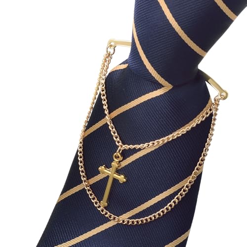 2Pcs Tie Chain for Men Classic with Double Single Gold Silver Elegant Chain Tie Cilp - color: cloud cross double chain silver