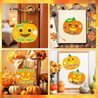 32 Pcs Pumpkin Halloween Fall Crafts for Kids DIY Jesus Cross Hanging Ornaments Decorations Pumpkin Stickers Kit with Ribbons for Thanksgiving Religious Christian Party Favors Sunday School Activities