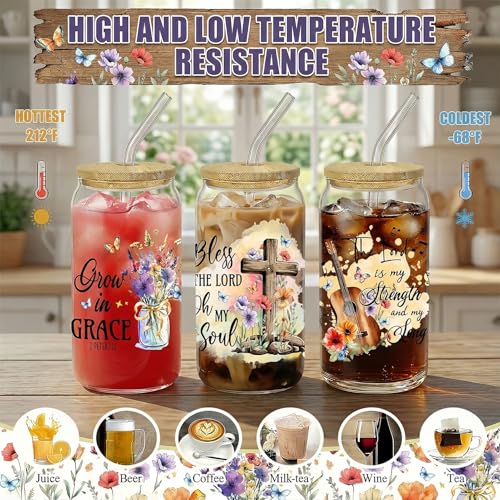 Drinking Cups with Lids, 12Pack, Glass, 16oz, Iced Coffee, Bible - style: 12Pcs Christian
