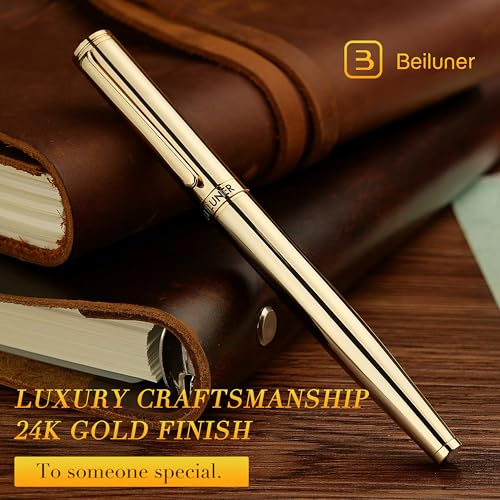 BEILUNER Luxury Gold Rollerball Pen, Stunning Pens with 24K Gold Finish, Noble and Elegant Designs,Schneider Ink Refill, Fancy Gift Set for Men & Women, Executive Writing, Office, Nice Graduation Gift - color: ,Gold