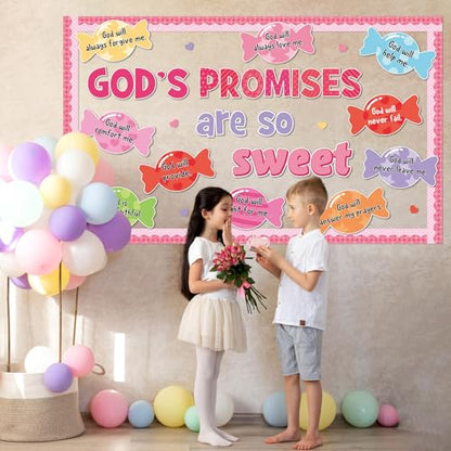 Valentine's Day Sweet Candy Bulletin Board Set Christian Classroom Decorations Valentines Religious God’s Promises Candy Paper Cutouts for Sunday School Church Office Home Chalkboard Wall Door Decor - style: God’s promises are so sweet