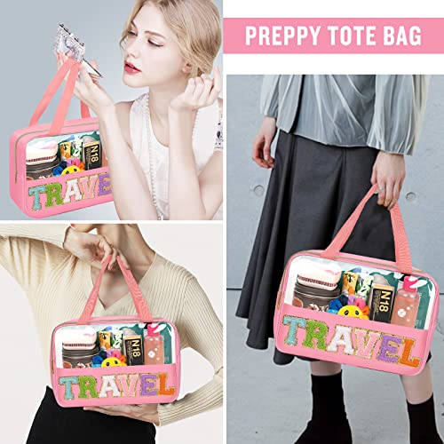 Preppy Clear Travel Makeup Bags with Chenille Letter Patches, Travel Essentials Large Clear Make up Bag Zipper Pouch with Handle, Waterproof Nylon Cosmetic Toiletry Storage Tote for Women(TRAVEL-Pink) - color: TRAVEL-Pink