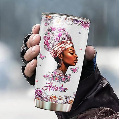 WAZONE Personalized Black Queen Tumbler Cup With Lid Custom Name Faith Bible Thermos 20oz 30oz Stainless Steel Gift Travel Mug for African American Afro Girl Encouragement Birthday Women Day - color: Black Queen