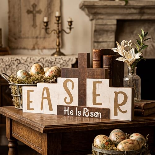 Easter Resurrection Decorations Religious He is Risen Sign Easter Wooden Table Centerpieces with Farmhouse Rustic Cross Hanging Christian Tiered Tray Decor for Spring Table Home Shelf Decor - style: Crucifix
