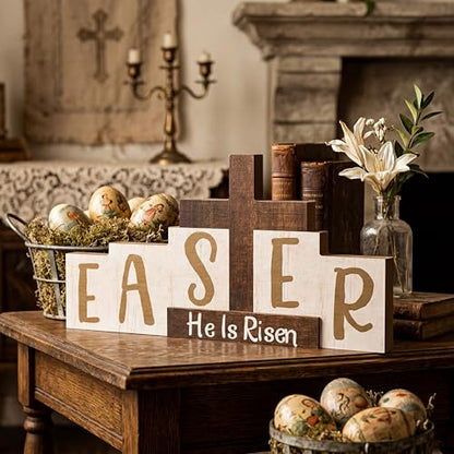 Easter Resurrection Decorations Religious He is Risen Sign Easter Wooden Table Centerpieces with Farmhouse Rustic Cross Hanging Christian Tiered Tray Decor for Spring Table Home Shelf Decor - style: Crucifix