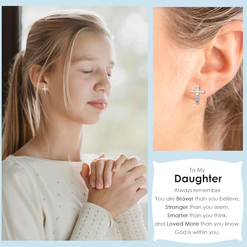 CERSLIMO Cross Earrings for Girls Kids, Christian Confirmation Communion Baptism Catholic Religious Christmas Birthday Inspirational Gifts for Women Teens Teenager Granddaughter Goddaughter - style: Daughter Gifts