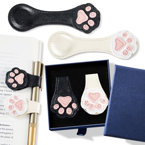 Ovesmusl 2Pcs PU Leather Paw Magnetic Bookmarks with Pen Holder - style: Paw (White+Black)