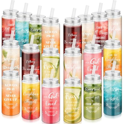 LemonRoad 20 Pack Christian Gift Religious Cups Bulk 13.5 oz Bible Verse Plastic DIY Mason Jar Cups with Straw Lid Reusable for DIY Craft Church Coworker Employee Gift Decoration(English) - style: English