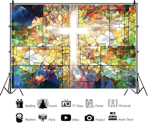 5x3ft Jesus Christ Cross Backdrop Stained Glass Holy Bible for Church Event Photography Background Crucifix Christian Religious Easter Decorations Banner Portraits Photo Studio Props - size: 5x3ft
