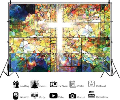 9x6ft Jesus Christ Cross Backdrop Stained Glass Holy Bible for Church Event Photography Background Crucifix Christian Religious Easter Decorations Banner Portraits Photo Studio Props - size: 9x6ft