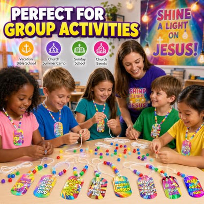 Cinrobiye 48 Pcs 2026 VBS Jesus Light Christian Necklace Craft Kit, DIY Bible Verse Necklace Making Set with Beads, Faith Necklaces Party Favors for Vacation Bible School, Church Events and Ministry - style: Jesus Light