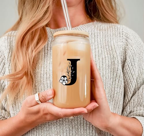 Monogrammed Initial Glass Cup Personalized Gifts for Women 16oz Initial Letter Glass Cups w/Lids Straws Birthday Valentine Mothers Day Gift for Her, J - color: Letter Cup-J