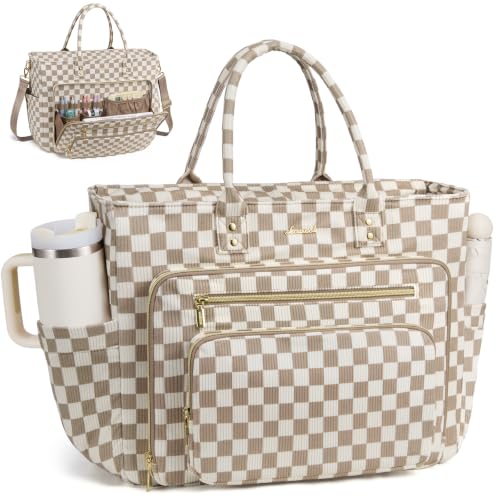 LOVEVOOK Teacher Tote Bag for Women Work, 15.6" Nurse Laptop Tote Bag - color: Checkerboard Print-beige-khaki, size: 15.6 Inch