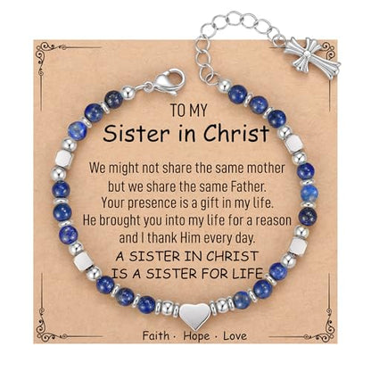 TONY & SANDY Christian Gifts for Women, Religious Cross Bracelet Faith Jewelry, Confirmation Baptism Christmas Birthday Gifts for Women, Unique Gifts for Teens Girls Kids Adults - style: Sister in Christ - Lapis Lazuli