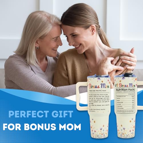 Bonus Mom Gifts 40 Oz Tumbler with Handle and Straw, Bonus Mom Gift with Funny Nutrition Facts Design, Gifts for Step Moms, Birthday Gifts for Bonus Moms from Daughter, Son or Family - color: Bonus Mom