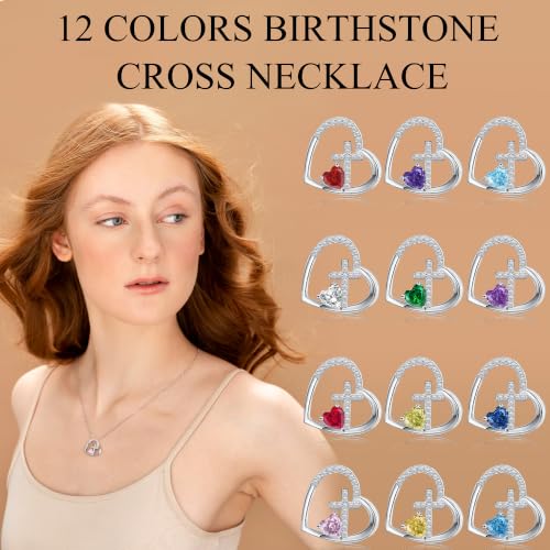 JSJOY Cross Necklace Christian Gifts for Women Heart Birthstone Necklace Religious Birthday Gifts for Mom Daughter Christmas Stocking Stuffers Baptism Confirmation Gifts for Teens - color: Silver - 04 Diamond