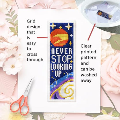 ORIGACH 6 Pcs Space Cross Stitch Bookmark Kit for Beginners - style: Cosmic Space & Inspirational Quotes