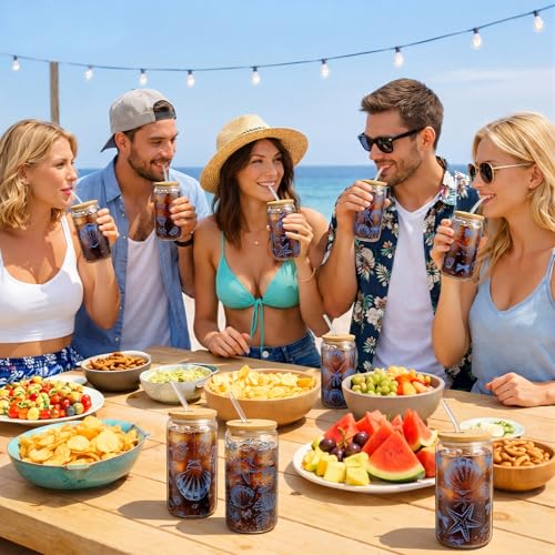 Teenyyou 12 Set of Shell Glasses with Bamboo Lid and Glass Straw 16 oz Summer Drinking Cup Beer Iced Coffee Cup Tumbler Mugs for Teacher's Day Gift Holiday Party Office - style: Shell