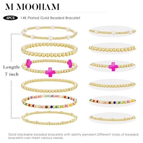 M MOOHAM Beaded Bracelets for Women Teen Girls, 14K Gold Bracelet Stack - color: " Pink Cross