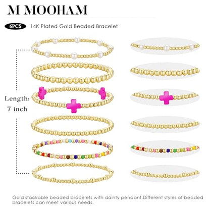 M MOOHAM Beaded Bracelets for Women Teen Girls, 14K Gold Bracelet Stack - color: " Pink Cross