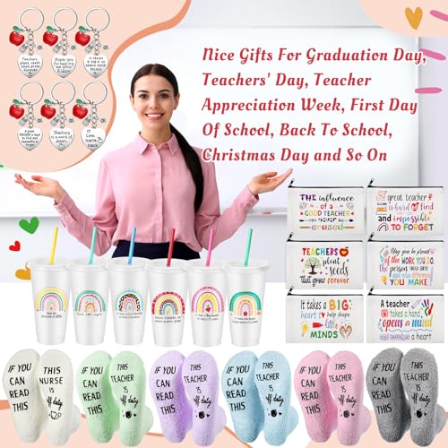 Funnymoom 24 Pcs Teacher Appreciation Gift from Students 2026 End of Year Thank You Gifts Bulk 24 oz Plastic Tumbler Cup Makeup Cosmetic Bag Crew Sock Keychain for Retirement - style: Rainbow