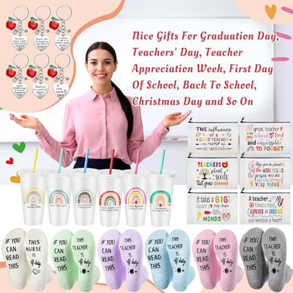Funnymoom 24 Pcs Teacher Appreciation Gift from Students 2026 End of Year Thank You Gifts Bulk 24 oz Plastic Tumbler Cup Makeup Cosmetic Bag Crew Sock Keychain for Retirement - style: Rainbow