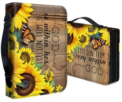 Bible Cover for Women Large PU Leather Zippered Bible Case with Handle and Christian Sunflower Design, Christian Bible Cover for Girls & Women, Cover Fits Standard 9.5"x7.5"x2.3" Bible - color: Christian Sunflower