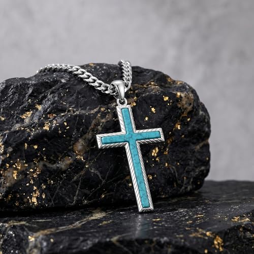 MRENITE Silver Natural Stone Cross Necklace, Classic Latin Cross Pendant Necklace for Unisex Women Man, Vintage Crystal Quartz Cross Necklace with 20+2 Inches Adjustable Cuban Chain - style: Turquoise