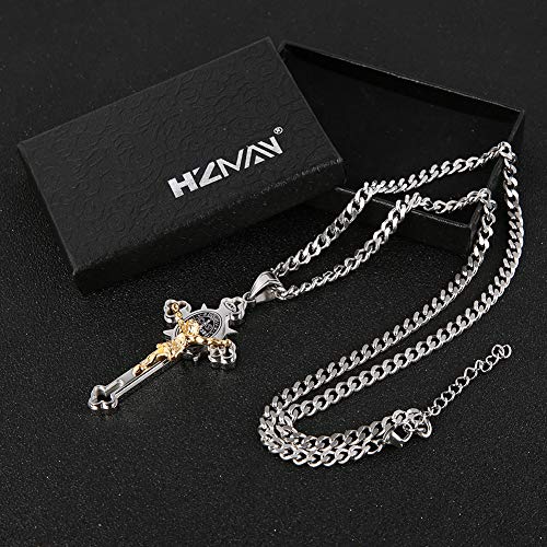 HZMAN Stainless Steel St. Benedict Crucifix Cross Necklace for Men - color: Large Silver & Gold