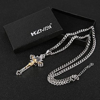 HZMAN Stainless Steel St. Benedict Crucifix Cross Necklace for Men - color: Large Silver & Gold
