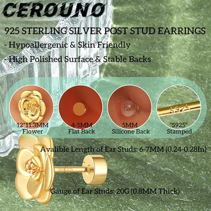 CEROUNO Flat Back Stud Earrings - 925 Sterling Silver Post Flatback Earrings Gold Silver Cubic Zirconia Earrings Studs for Women - color: Gold Flower