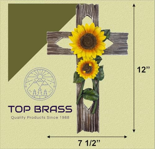 Top Brass Rustic Sunflower Wall Cross – 12” Inspirational Christian Home Décor with Sunflowers & Weathered Wood-Look Finish – Decorative Resin Garden Art