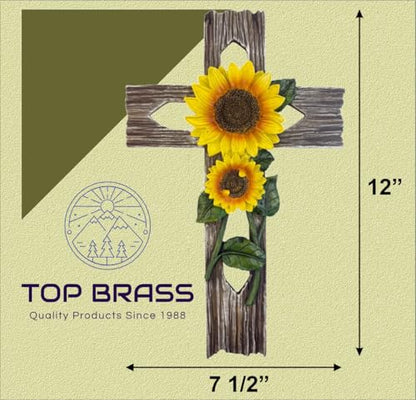 Top Brass Rustic Sunflower Wall Cross – 12” Inspirational Christian Home Décor with Sunflowers & Weathered Wood-Look Finish – Decorative Resin Garden Art