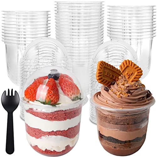 Jnnzzggu 50 Pack 12oz Clear Plastic Cups with Dome Lids and Sporks No Hole Disposable Fruit Cups for Dessert, Cupcake, Parfait, Pudding, Iced Cold Drinks, Snacks, Fruits, Bakeries, Ice Cream - size: 50 Pack 12OZ