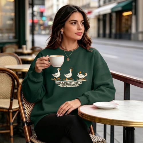 Silly Goose Christian Sweatshirts for Women Walking by Faith Tripping Constantly Sweatshirt Cute Graphic Crewneck - color: Green, size: XX-Large