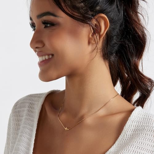 LULII Cross Necklace for Women Dainty 14K Gold Silver Plated Small Cross Pendant Choker Simple Cute Cross Gold Necklace for Women Trendy Faith Jewelry Gift - color: Sideways Cross Box Chain-Gold